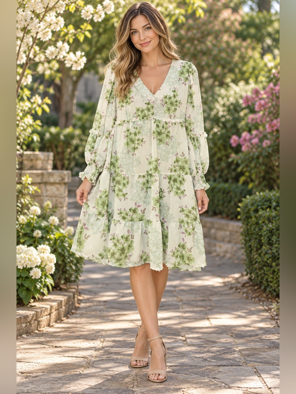 Umgee Green Floral Tiered Midi Dress Size Large